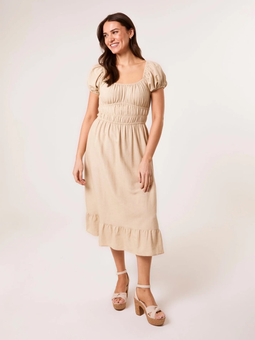 Sim and Sam Smocked Waist Puff Sleeve Dress in Beige